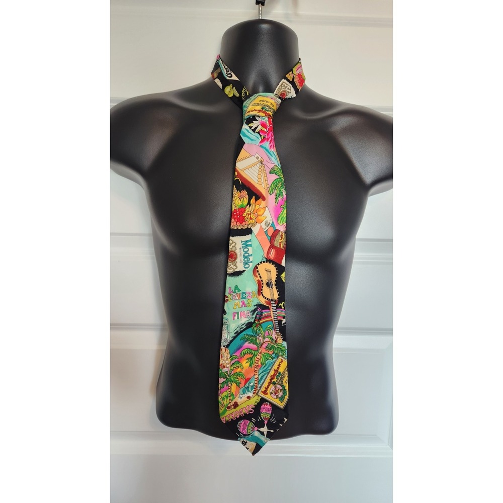 Vintage NICOLE MILLER 1991 Silk Tie Mexico Cerveza Beer Modelo Fiesta Hand Sewn - Picture 2 of 13